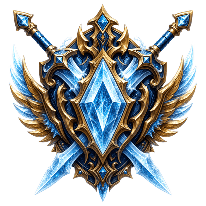 ClickWoW crest: crossed frost swords over a golden winged shield